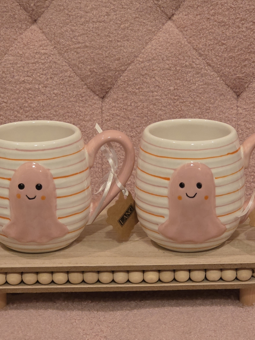 Pink Ghost Ceramic Mug - Cute Striped Coffee Cup